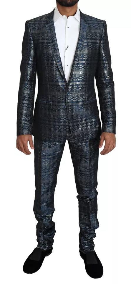 Traje azul plateado brillante de 2 piezas ajustado dorado
