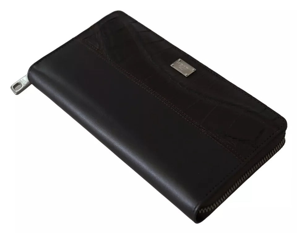 Cartera de mano continental con cremallera en cuero exótico marrón