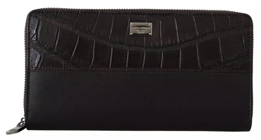 Cartera de mano continental con cremallera en cuero exótico marrón