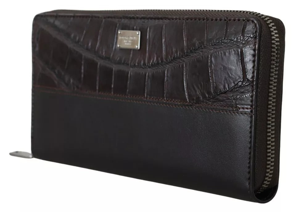 Cartera de mano continental con cremallera en cuero exótico marrón