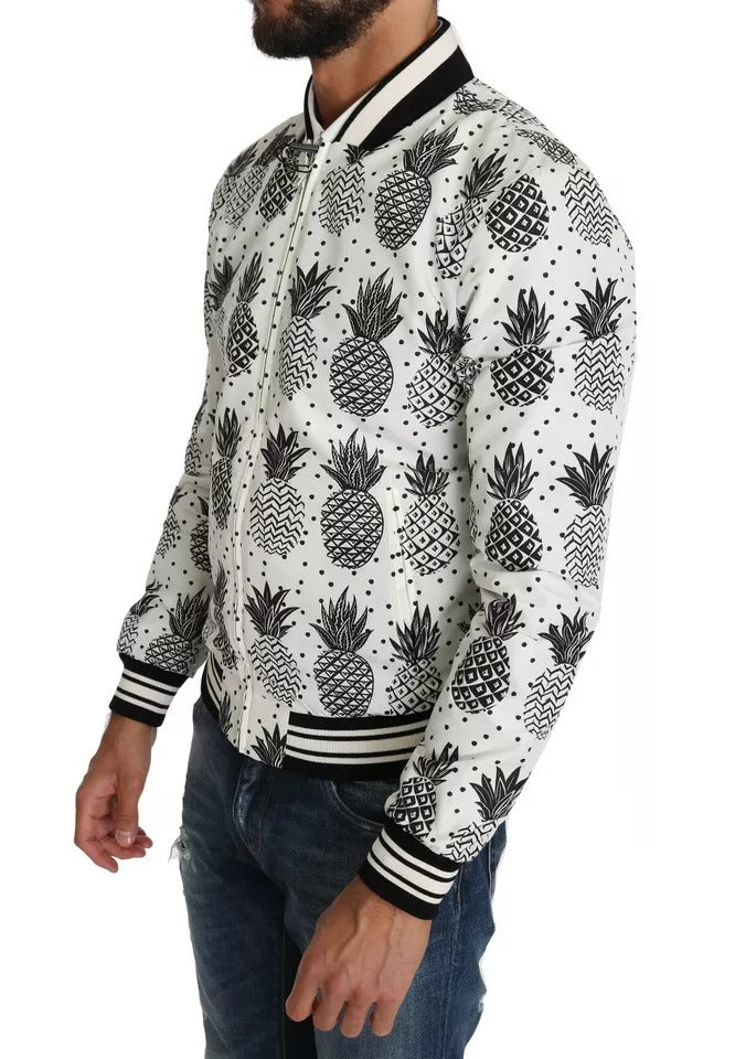 Chaqueta bomber con estampado de piña en blanco y negro
