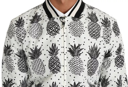 Chaqueta bomber con estampado de piña en blanco y negro