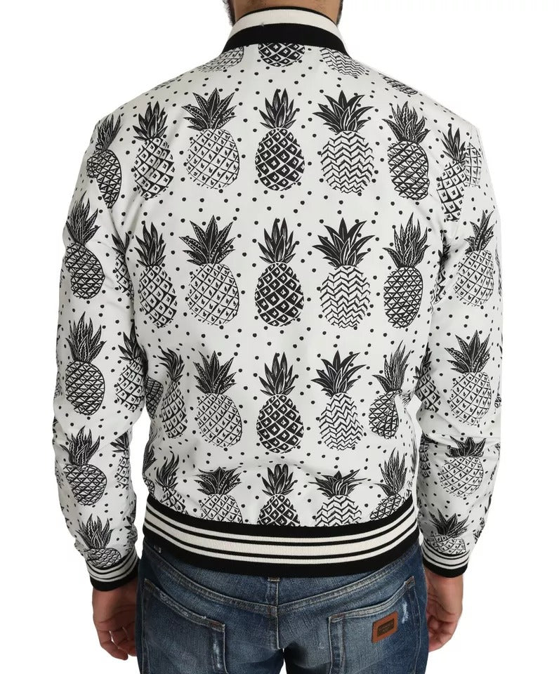 Chaqueta bomber con estampado de piña en blanco y negro