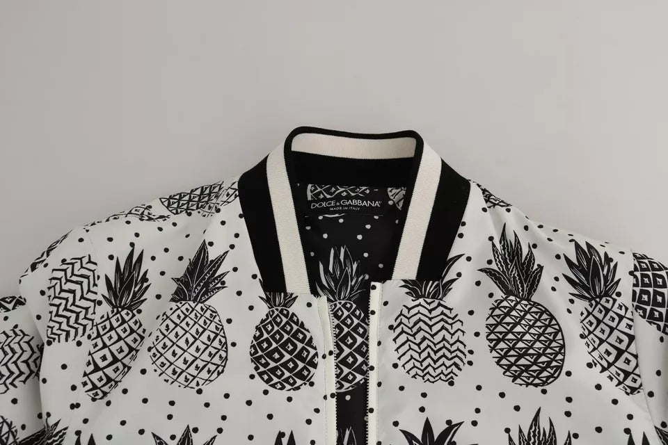 Chaqueta bomber con estampado de piña en blanco y negro