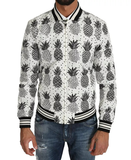 Chaqueta bomber con estampado de piña en blanco y negro
