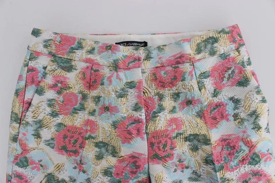 Pantalones de brocado floral blanco y rosa