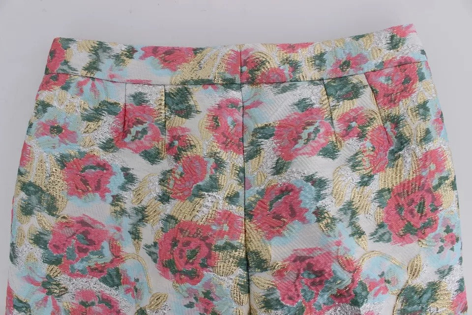 Pantalones de brocado floral blanco y rosa
