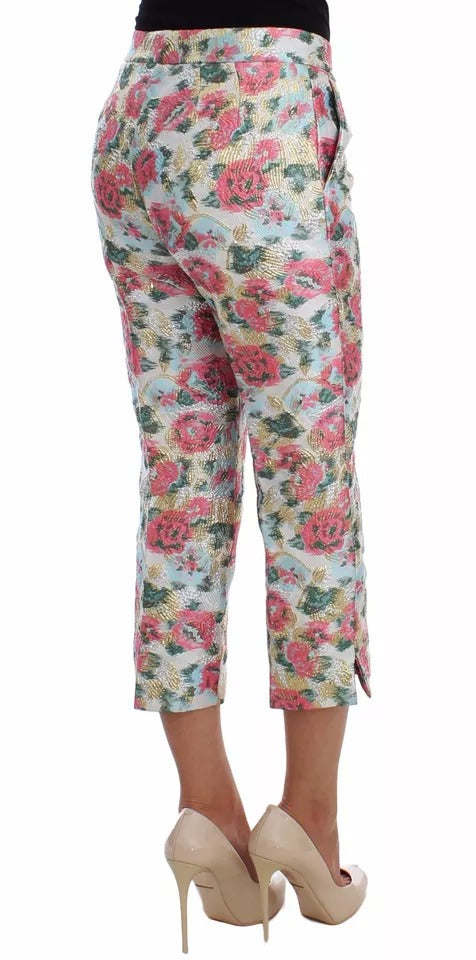Pantalones de brocado floral blanco y rosa