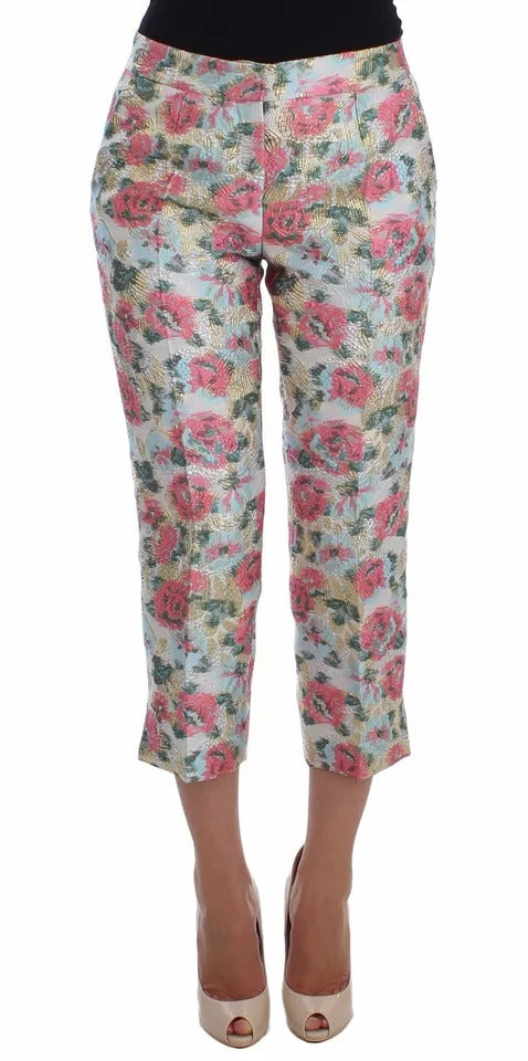 Pantalones de brocado floral blanco y rosa