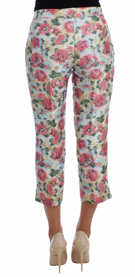 Pantalones de brocado floral blanco y rosa