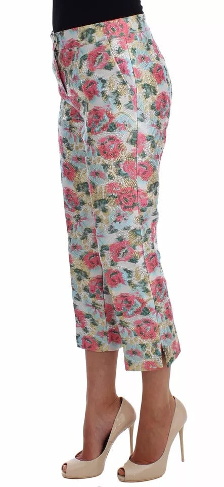 Pantalones de brocado floral blanco y rosa