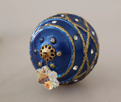 Pendientes de gancho con cristales y bola navideña azul de latón dorado