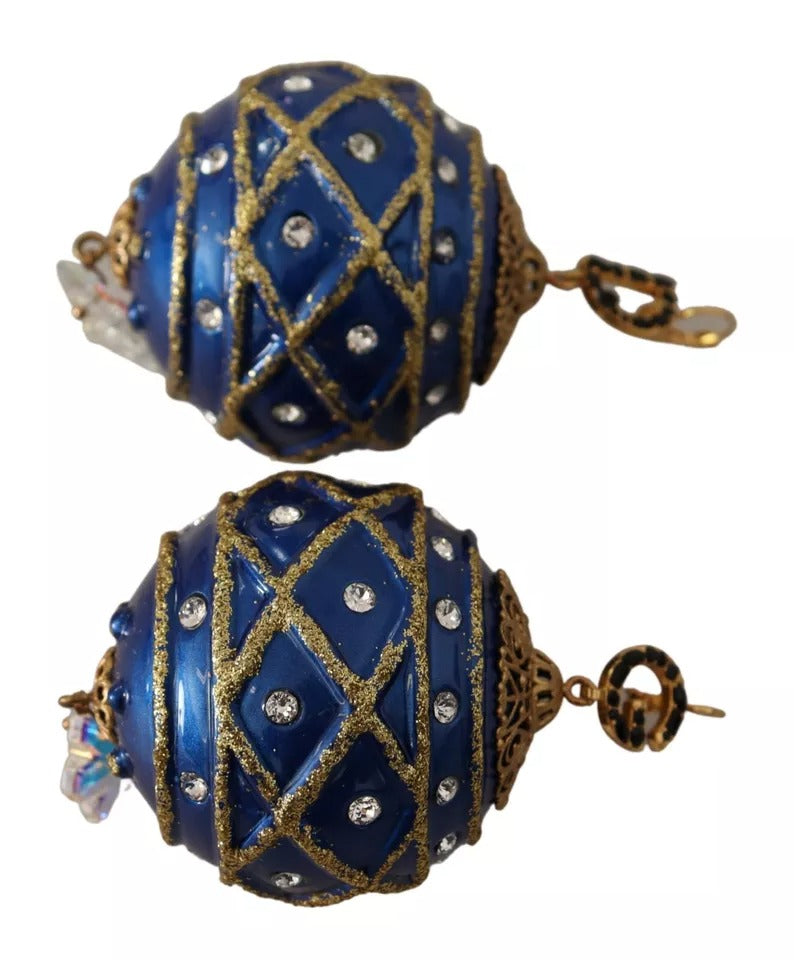 Pendientes de gancho con cristales y bola navideña azul de latón dorado