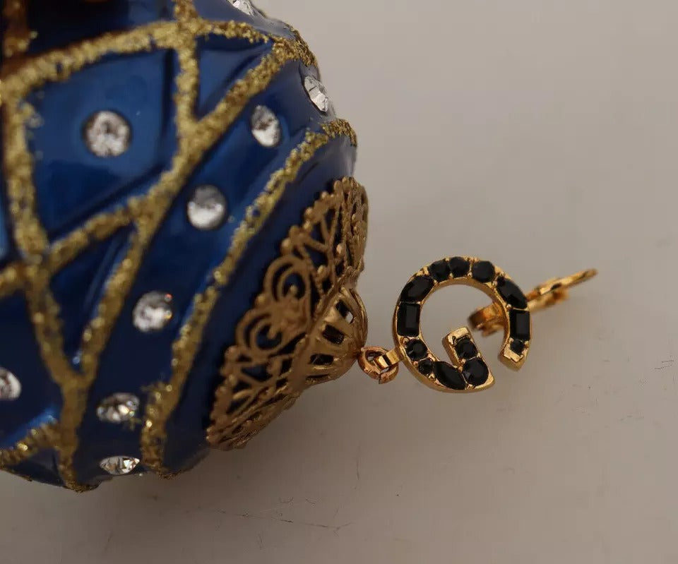 Pendientes de gancho con cristales y bola navideña azul de latón dorado