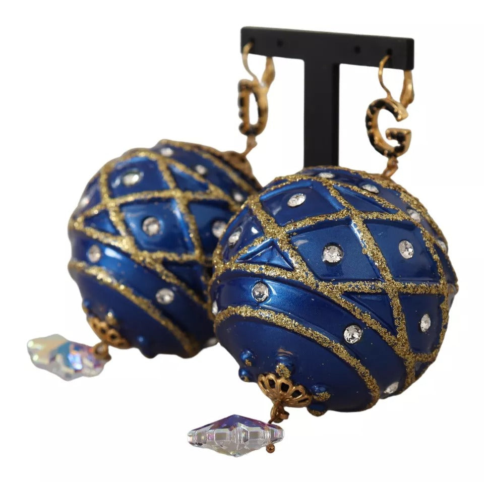 Pendientes de gancho con cristales y bola navideña azul de latón dorado