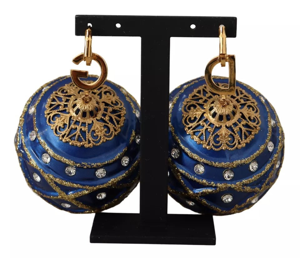 Pendientes de gancho con cristales y bola navideña azul de latón dorado