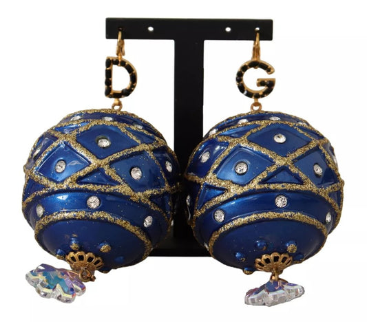 Pendientes de gancho con cristales y bola navideña azul de latón dorado