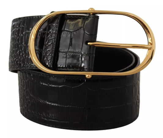 Cinturón ancho de piel repujada negra con hebilla de metal dorado