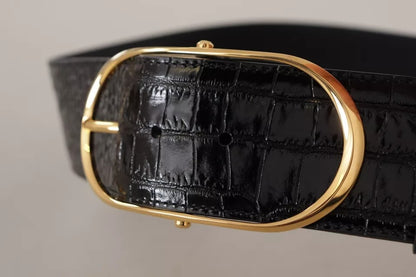 Cinturón ancho de piel repujada negra con hebilla de metal dorado