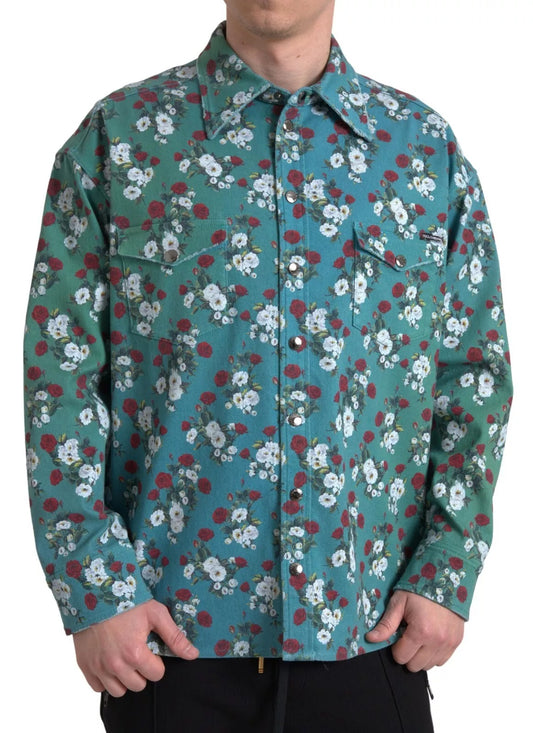 Camisa vaquera de algodón con botones y estampado floral azul
