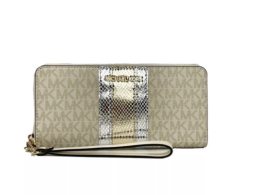 Cartera continental Jet Set Travel Center Stripe Signature color vainilla y oro pálido