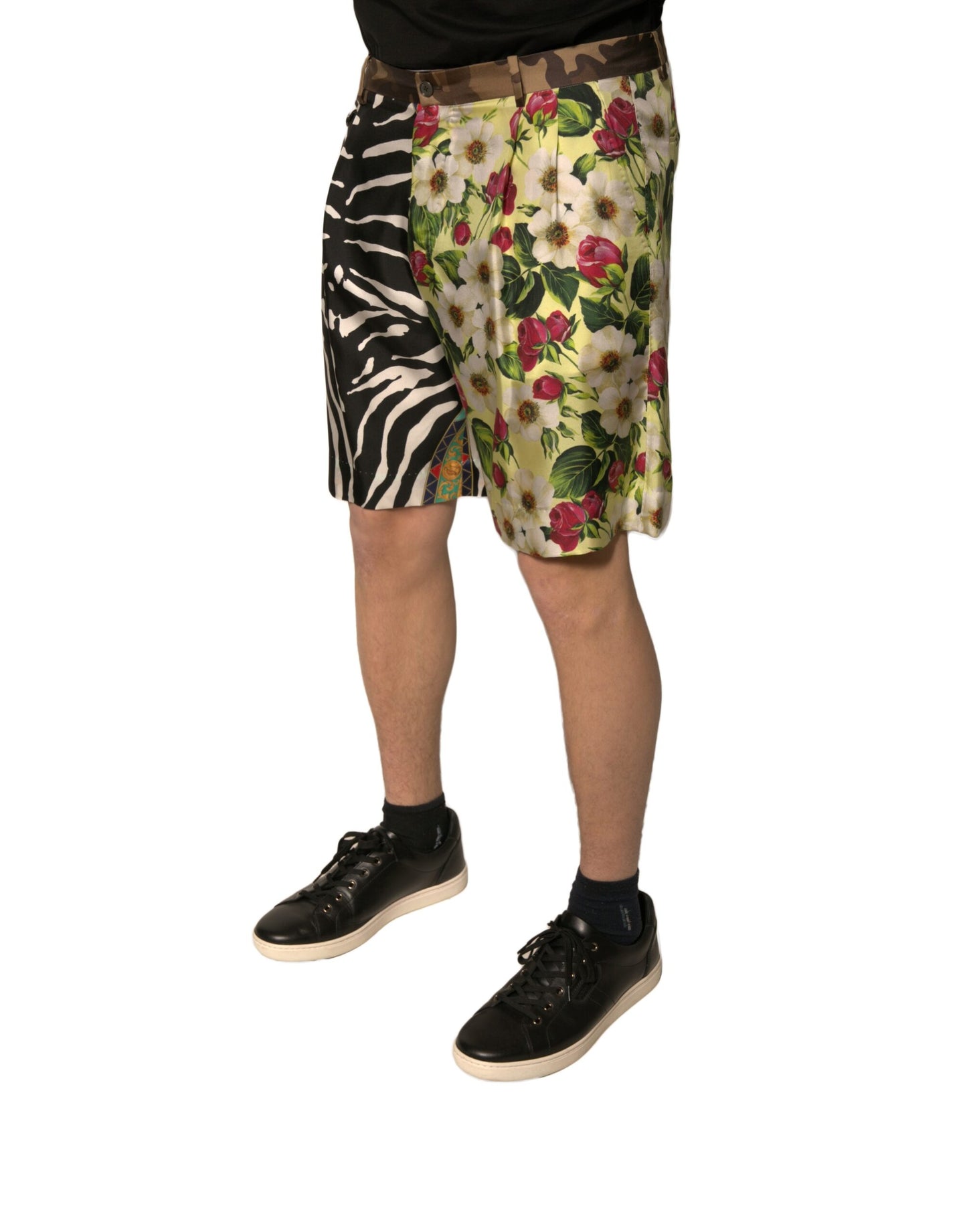 Pantalones cortos chinos de seda con parches multicolores para hombre