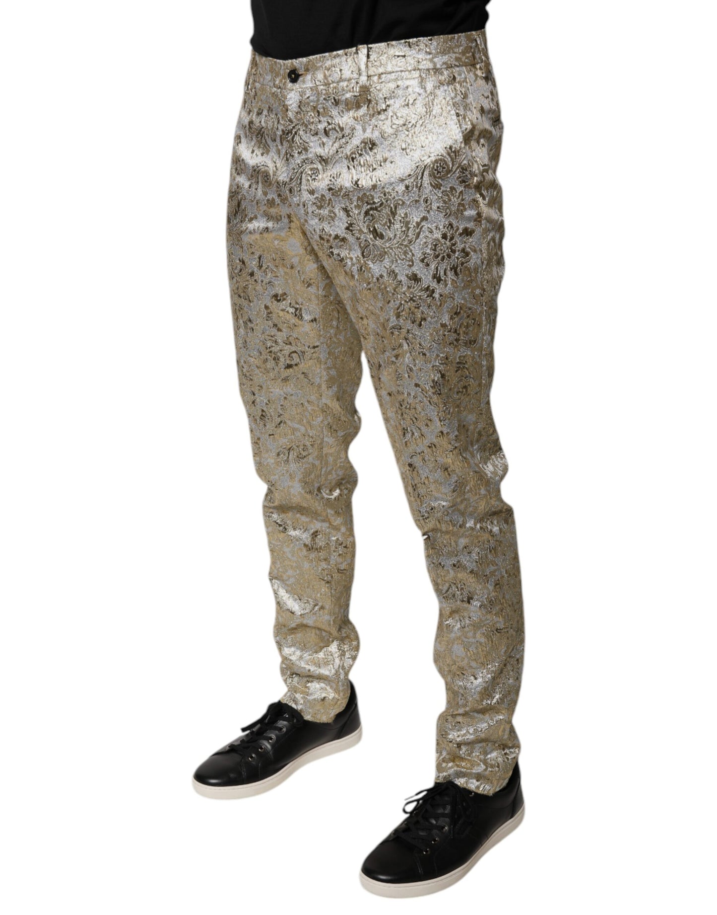 Pantalones de vestir para hombre con estampado floral dorado de jacquard