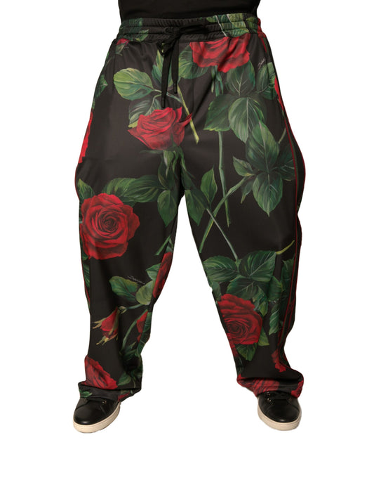Pantalones deportivos negros de poliéster con estampado floral