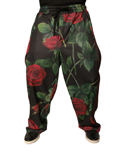 Pantalones deportivos negros de poliéster con estampado floral