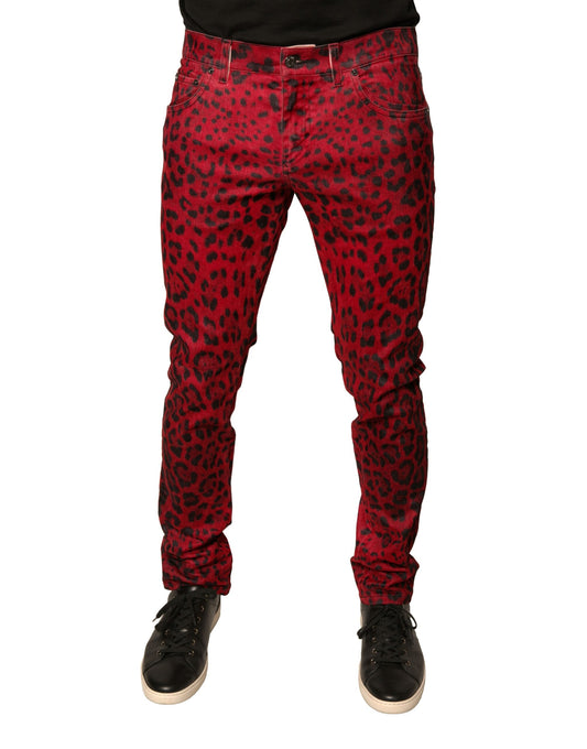Vaqueros ajustados de mezclilla elástica de algodón con estampado de leopardo rojo