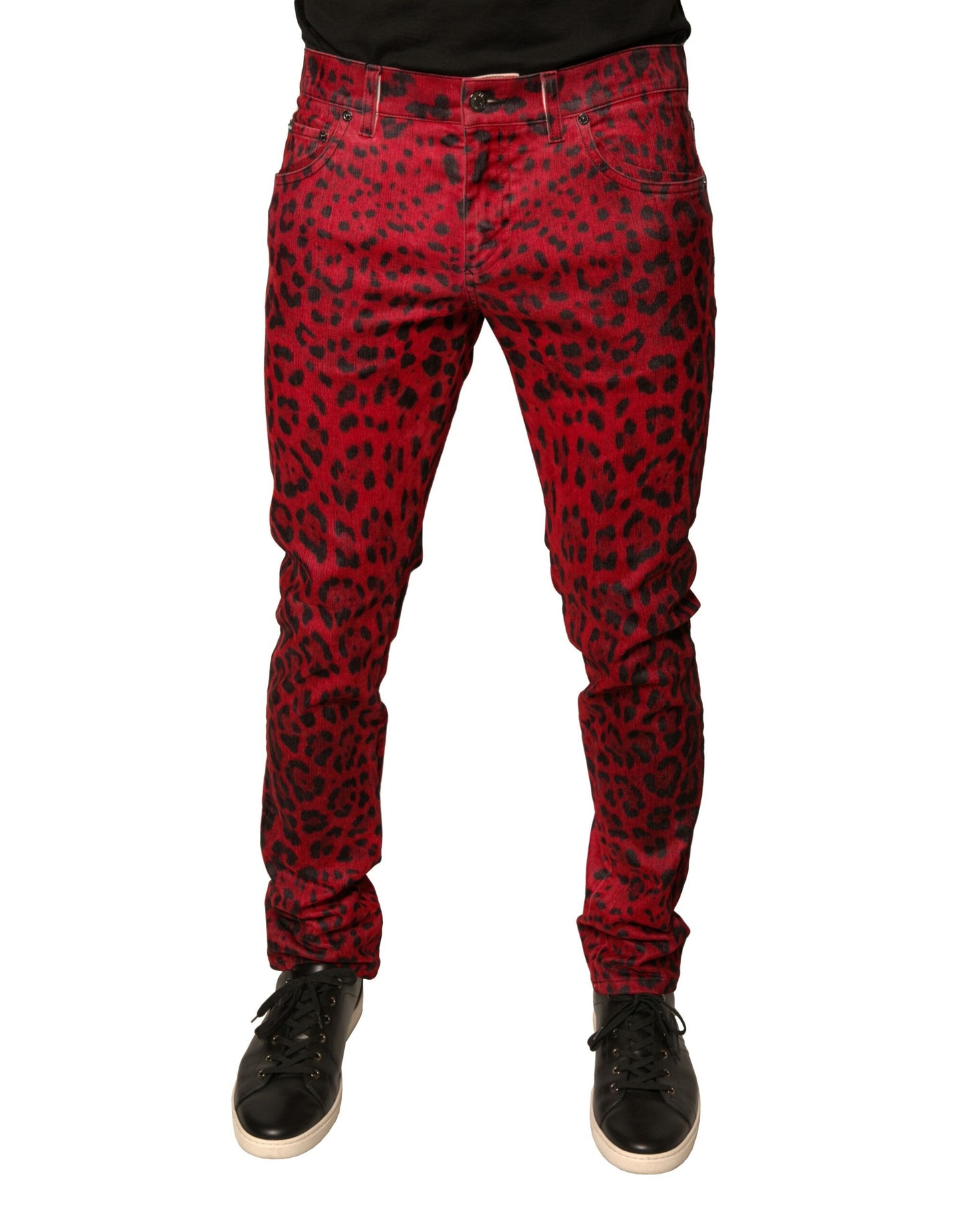 Vaqueros ajustados de mezclilla elástica de algodón con estampado de leopardo rojo