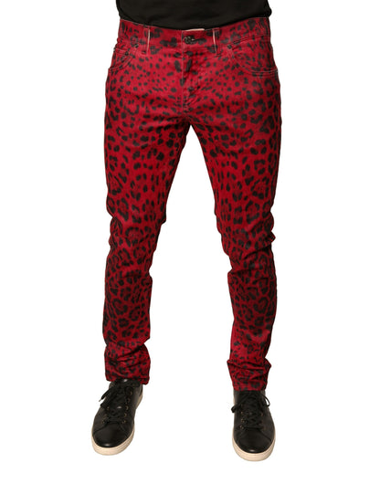 Vaqueros ajustados de mezclilla elástica de algodón con estampado de leopardo rojo