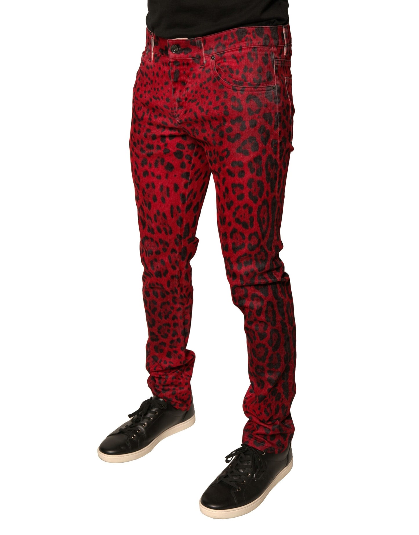 Vaqueros ajustados de mezclilla elástica de algodón con estampado de leopardo rojo