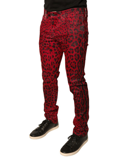 Vaqueros ajustados de mezclilla elástica de algodón con estampado de leopardo rojo