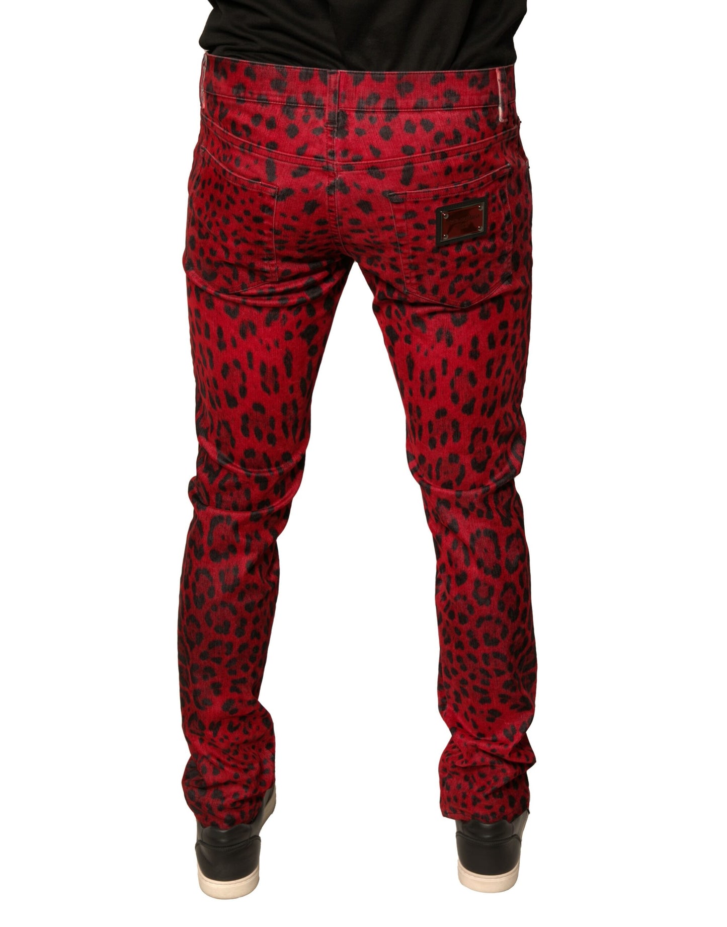 Vaqueros ajustados de mezclilla elástica de algodón con estampado de leopardo rojo