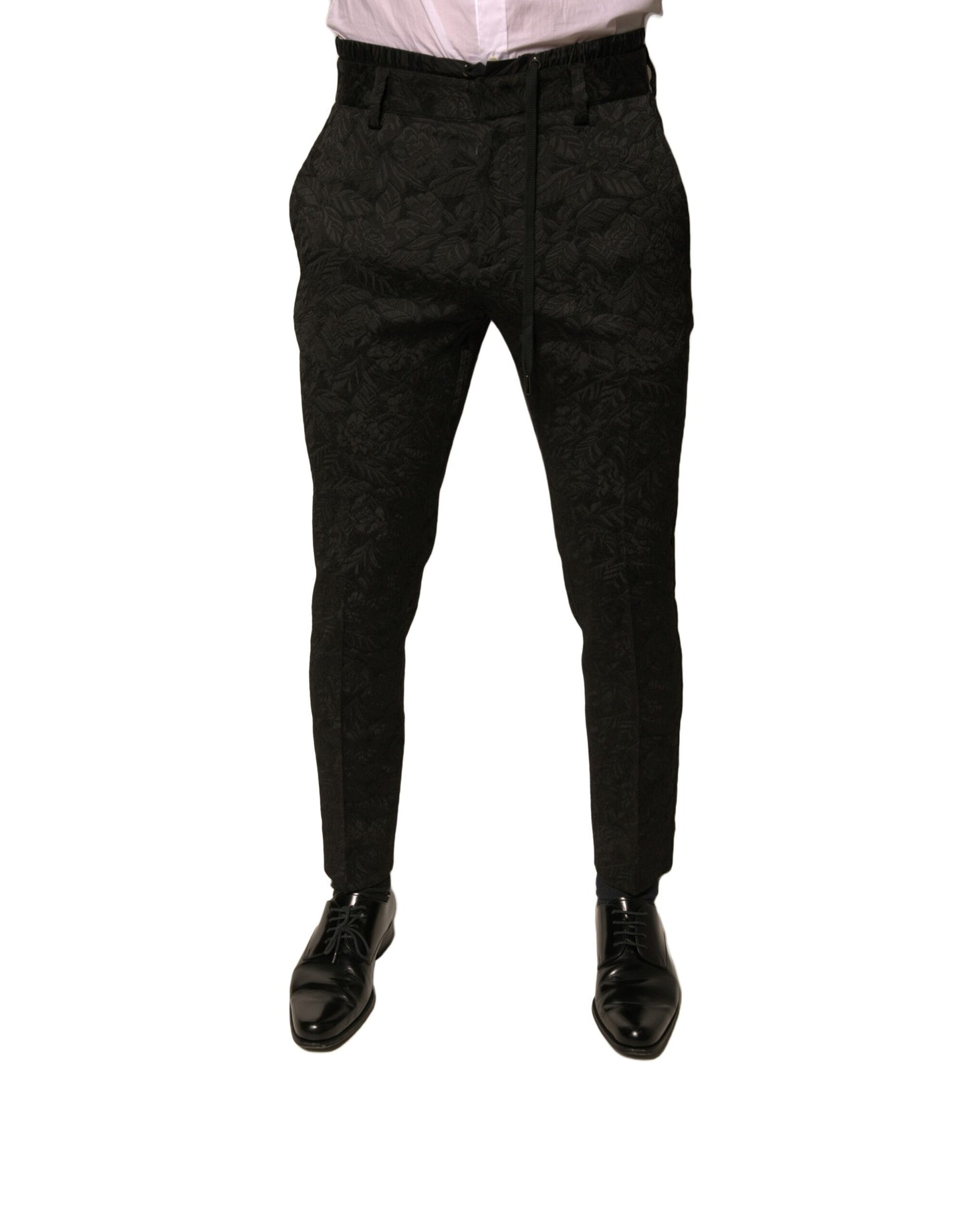 Pantalones de vestir ajustados de poliéster con brocado negro para hombre