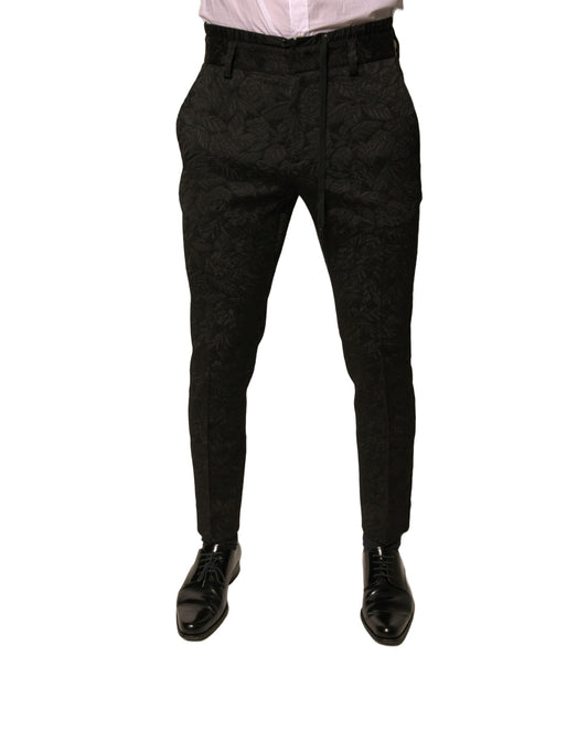 Pantalones de vestir ajustados de poliéster con brocado negro para hombre