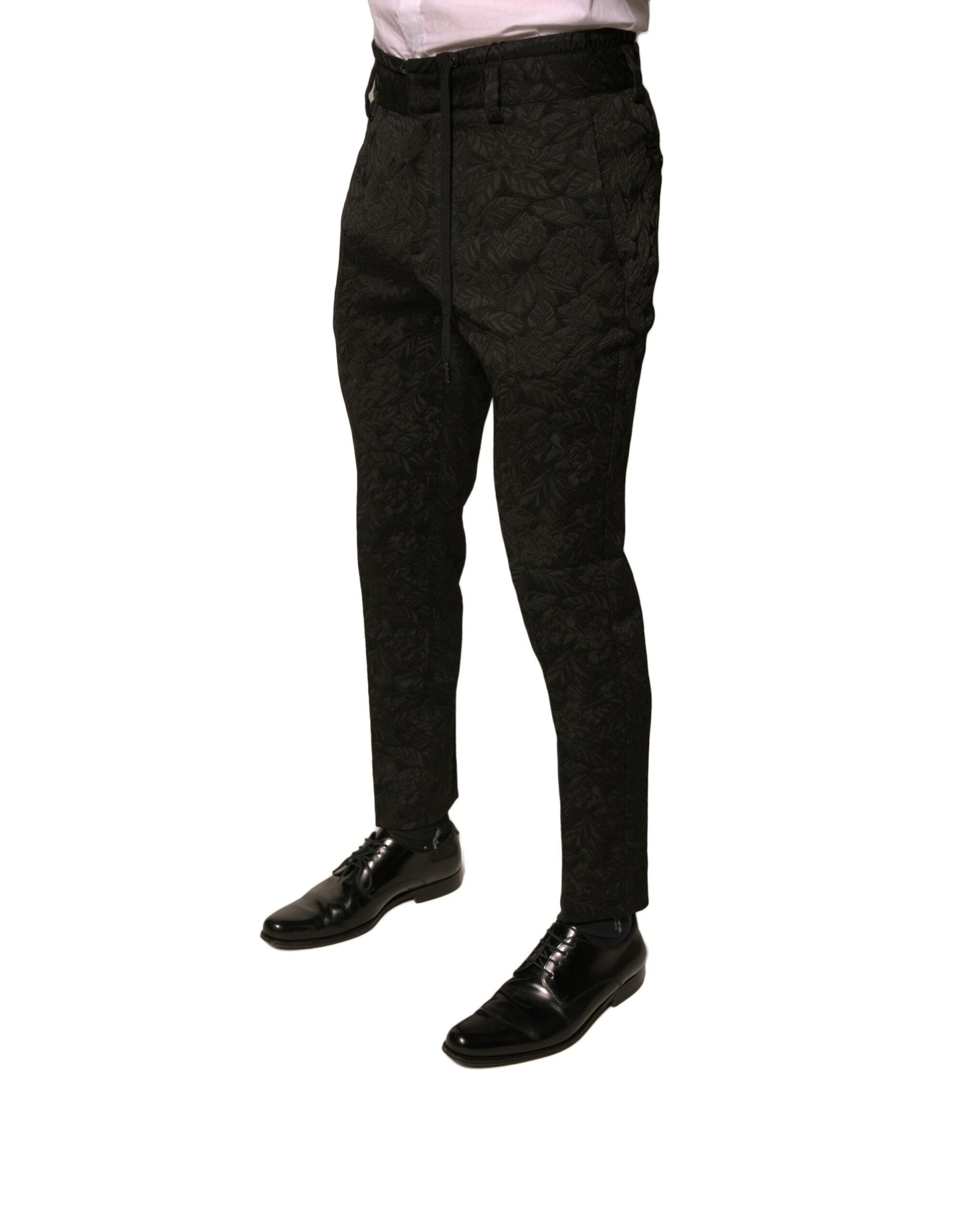 Pantalones de vestir ajustados de poliéster con brocado negro para hombre