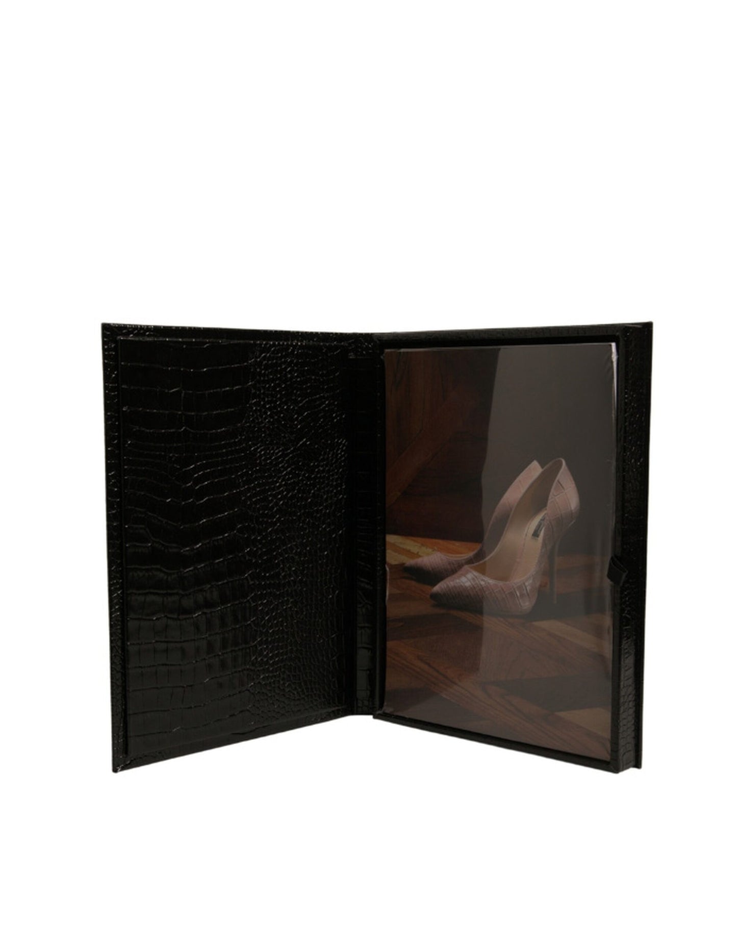 Elegante estuche para catálogo con placa de logotipo de cuero negro