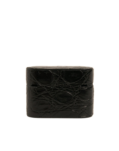 Estuche para AirPods con placa metálica de cuero negro y logotipo