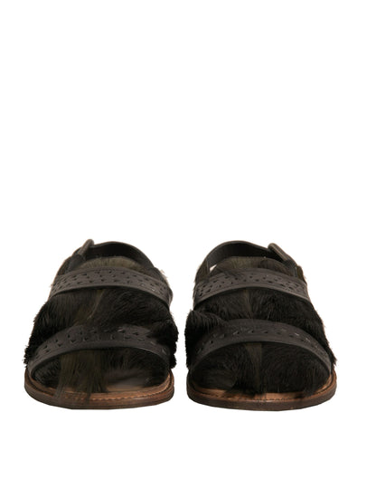 Sandalias planas de cuero con pelo de gacela verde
