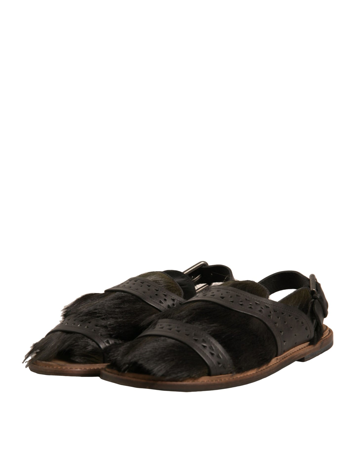 Sandalias planas de cuero con pelo de gacela verde