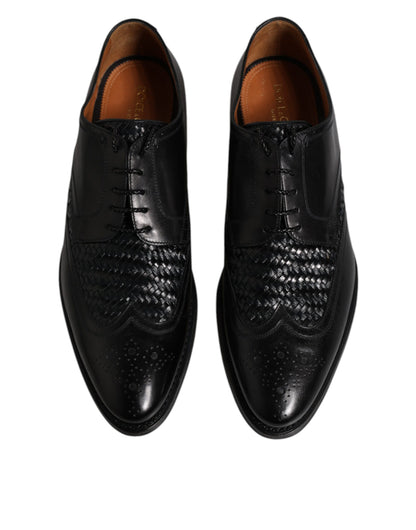 Zapatos de vestir formales Derby de cuero negro con punta de ala y cordones