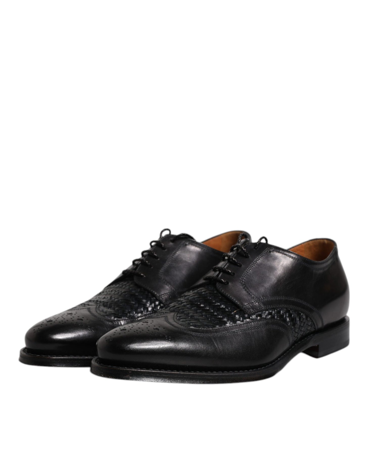 Zapatos de vestir formales Derby de cuero negro con punta de ala y cordones