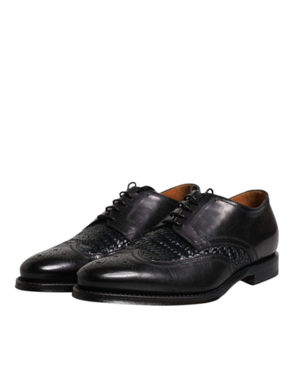 Zapatos de vestir formales Derby de cuero negro con punta de ala y cordones