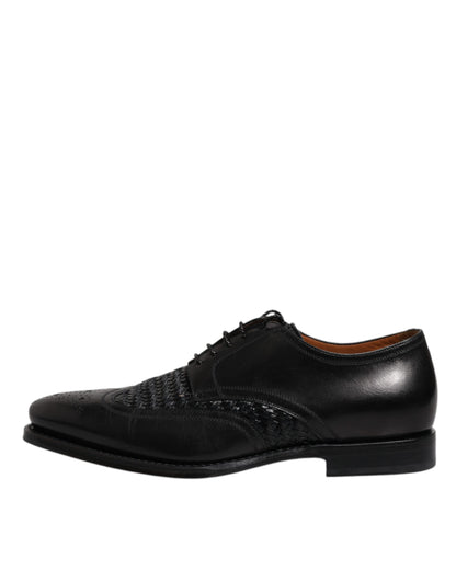 Zapatos de vestir formales Derby de cuero negro con punta de ala y cordones