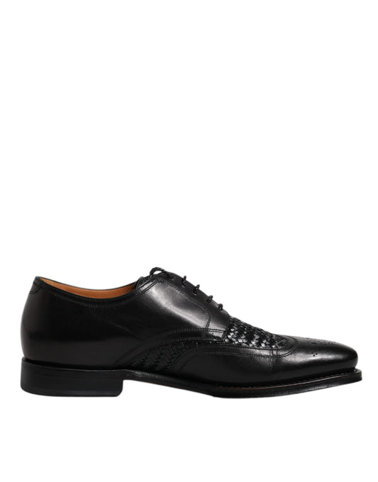 Zapatos de vestir formales Derby de cuero negro con punta de ala y cordones