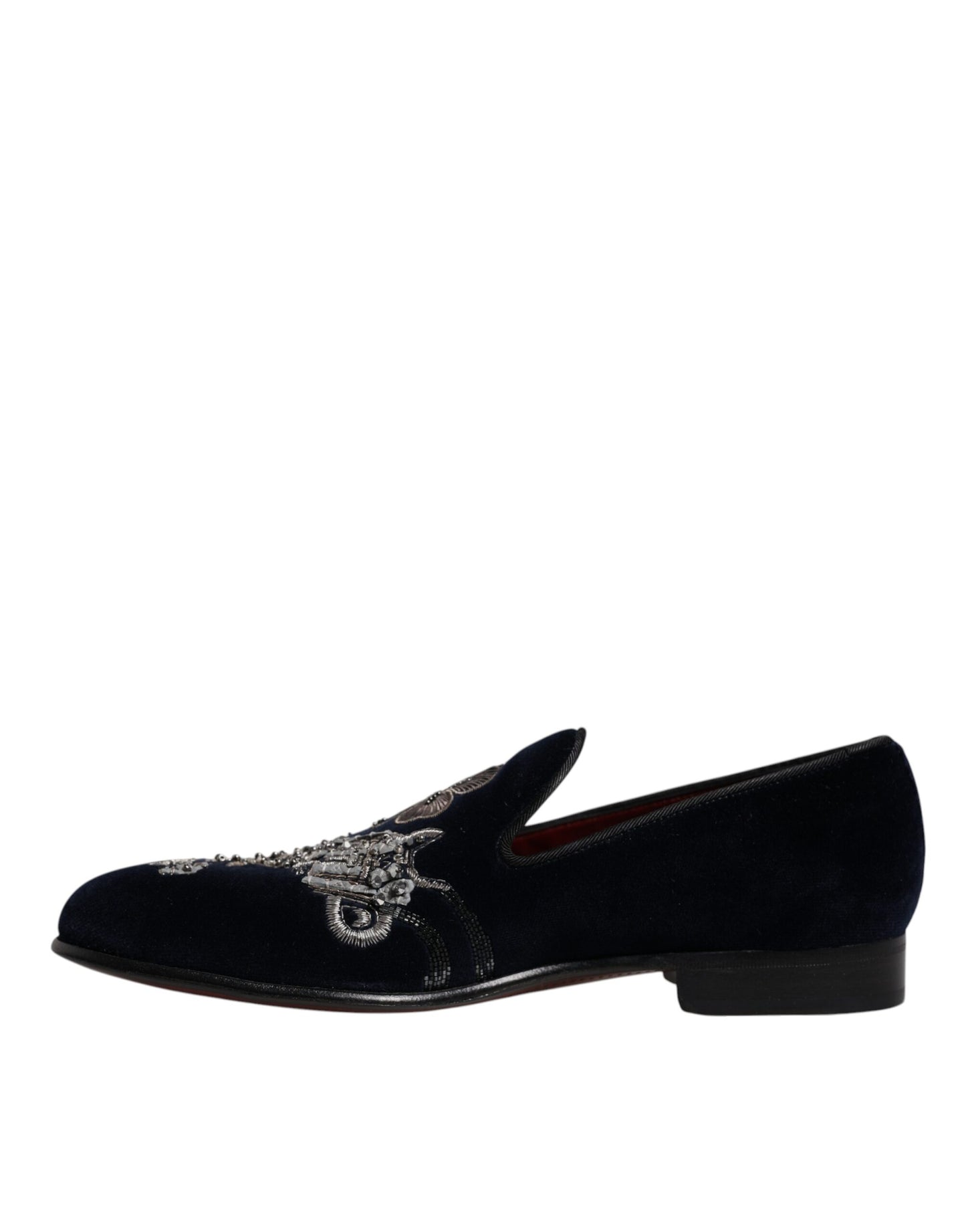 Mocasines de terciopelo negro con diseño floral y diseño de pistola