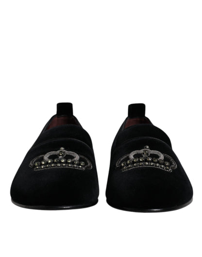 Mocasines de terciopelo negro con corona de cristal y zapatos de vestir formales