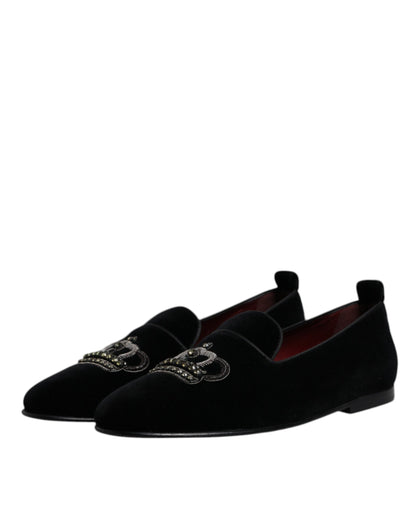 Mocasines de terciopelo negro con corona de cristal y zapatos de vestir formales